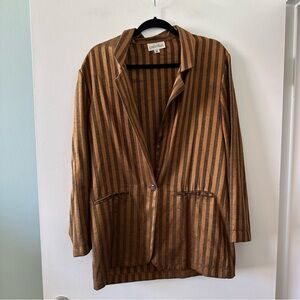 Vintage Brown Gold Metallic Black Textured Striped Blazer Jacket